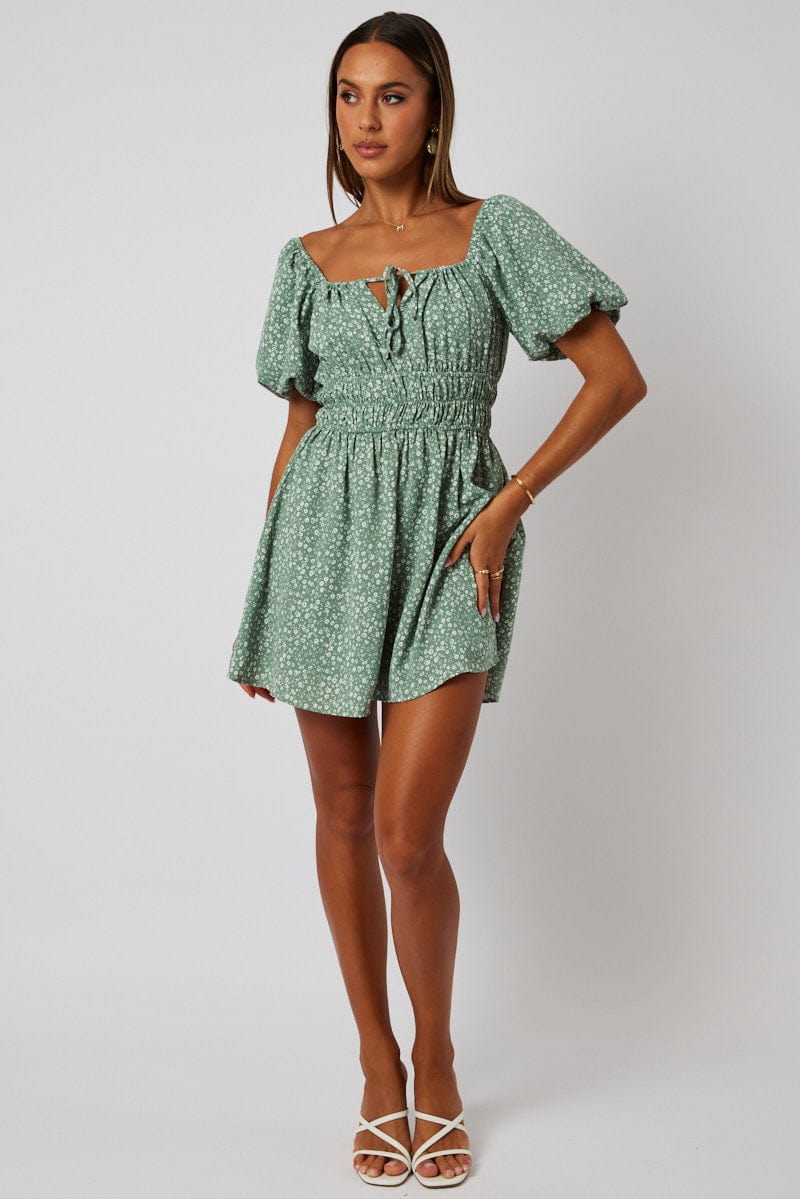 Green Ditsy Fit And Flare Dress Puff Sleeve Mini
