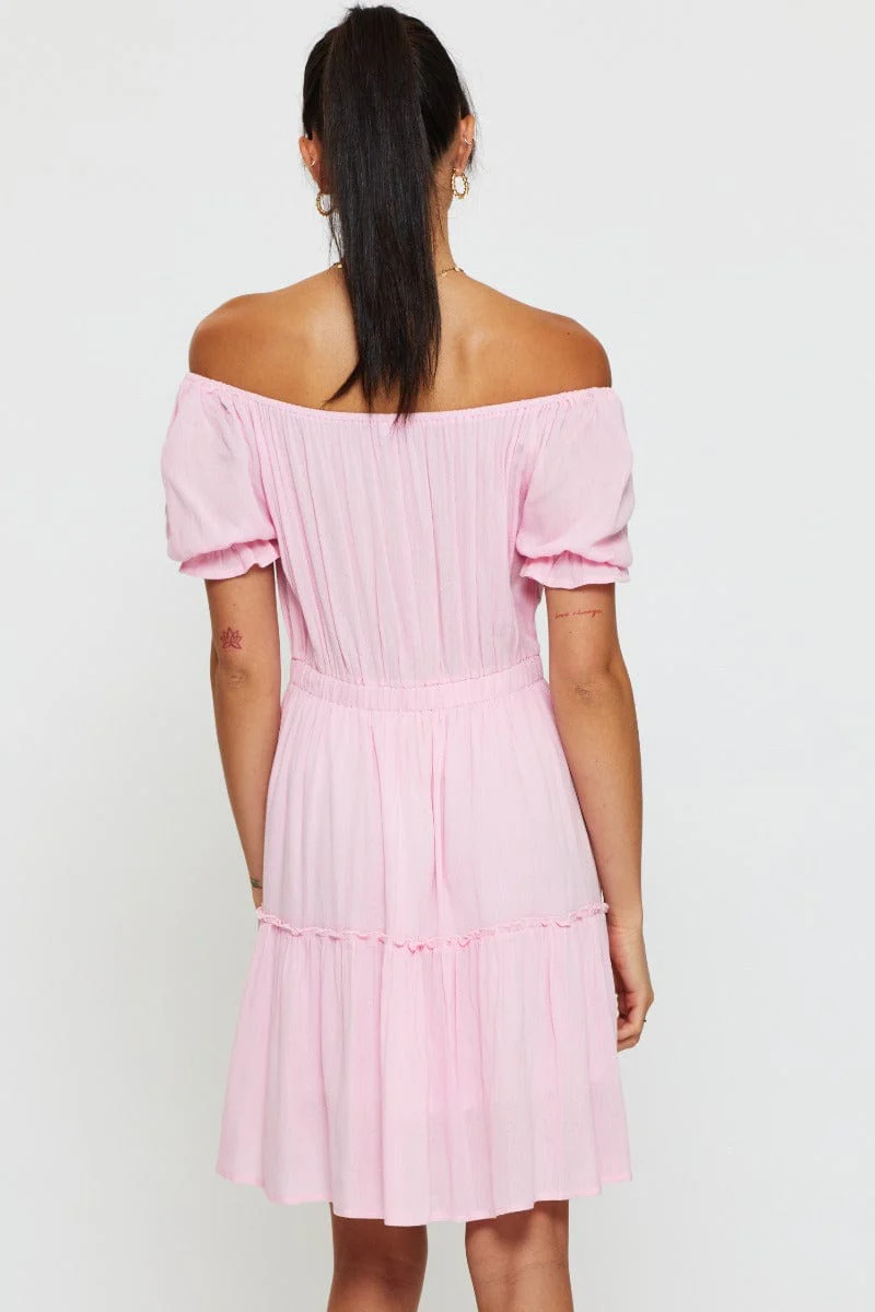 Pink Mini Dress Off Shoulder Linen