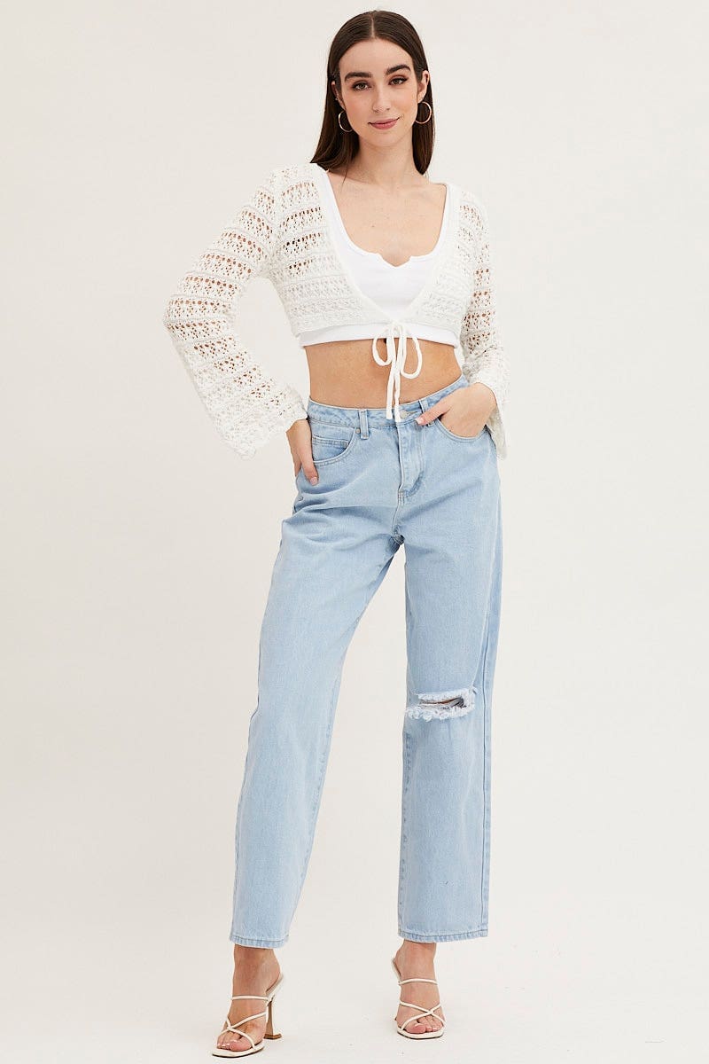 White Knit Cardigan Long Sleeve Crochet