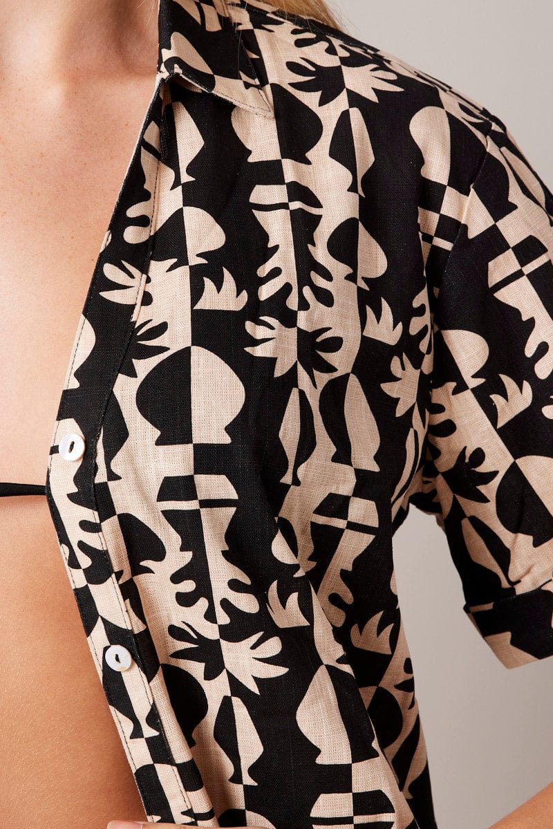 Black Abstract Relaxed Shirt Short Sleeve Linen  Blend