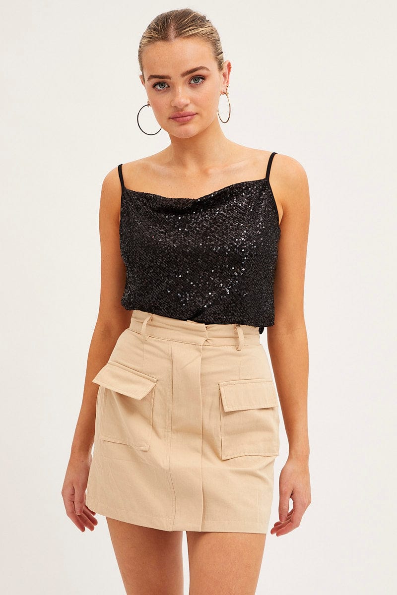 Black Sequin Top Sleeveless Cowl Neck Party Singlet