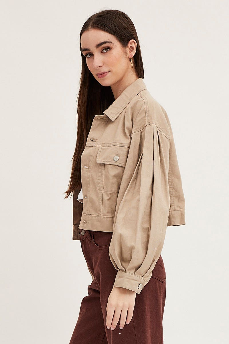 Beige Long Sleeve Cropped Denim Jacket