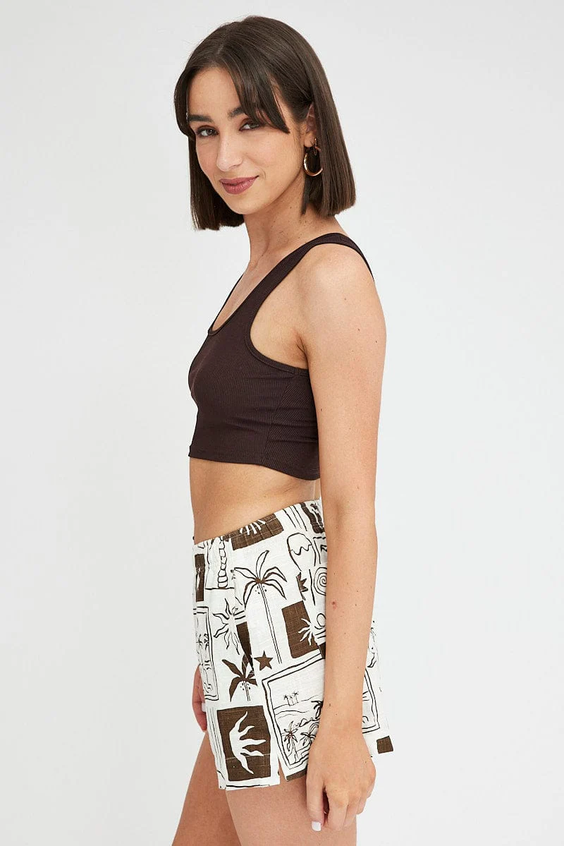 Brown Abstract Relaxed Shorts High Rise
