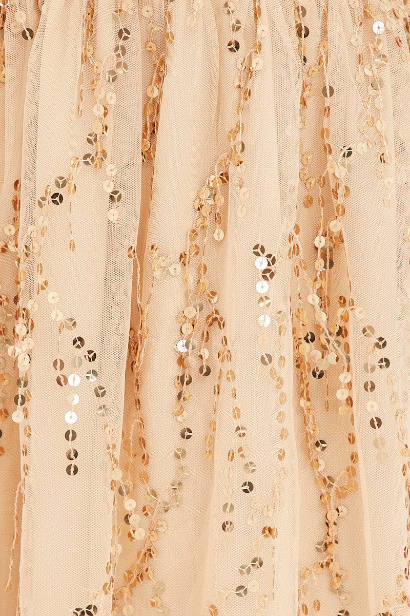 Beige Sequin Dress Deep V Neck Strappy Tulle