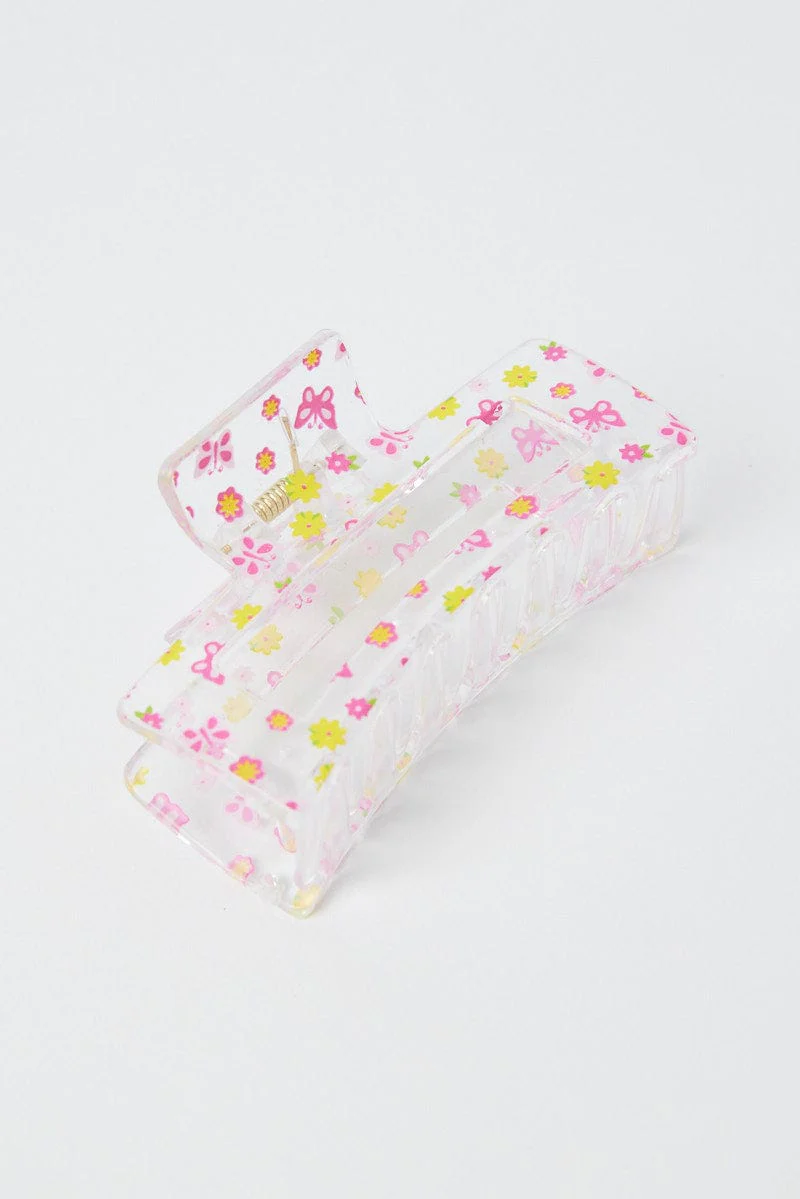Metallic Print Butterfly and Flower Print Claw Clip
