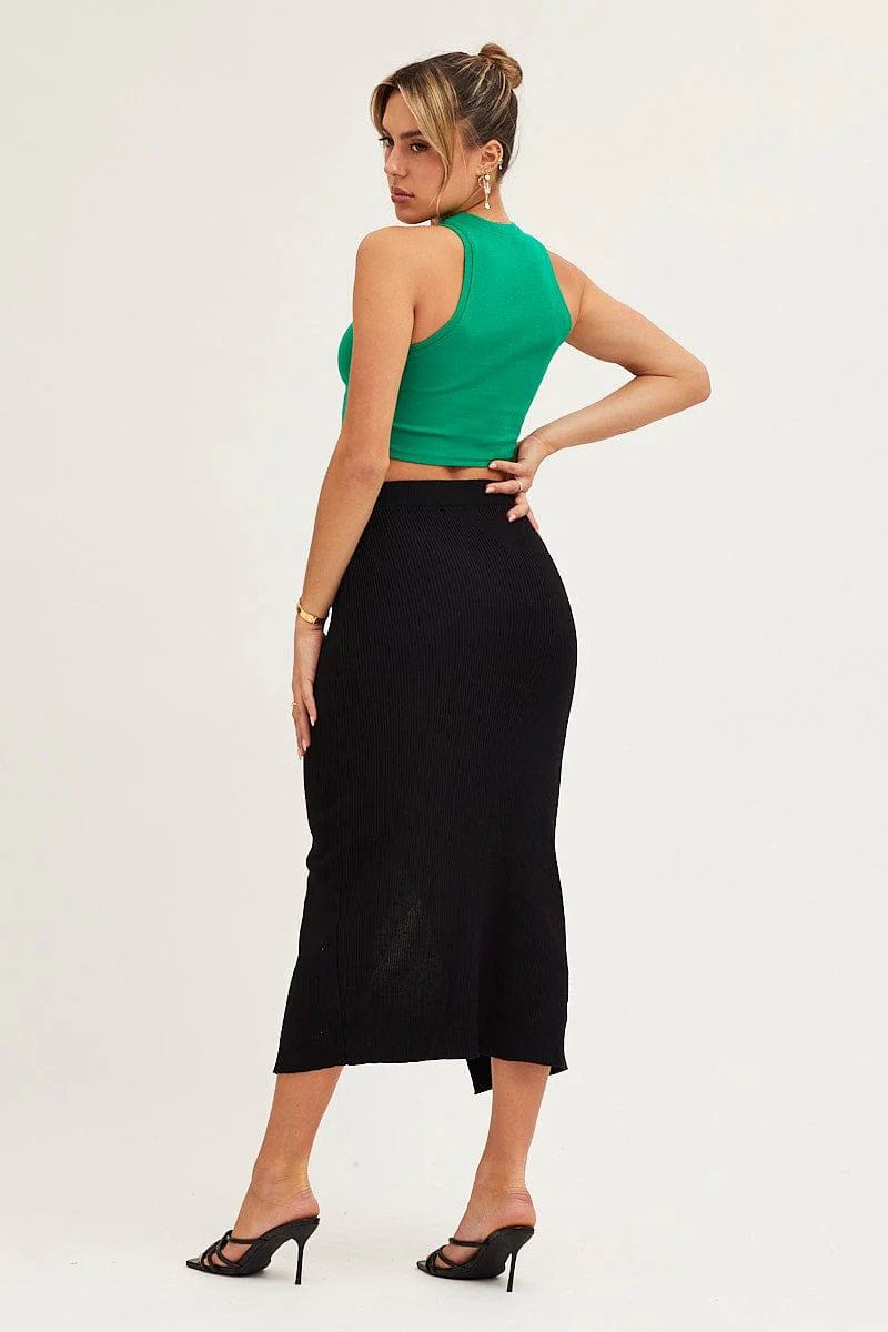 Black Slit Kint Midi Skirt