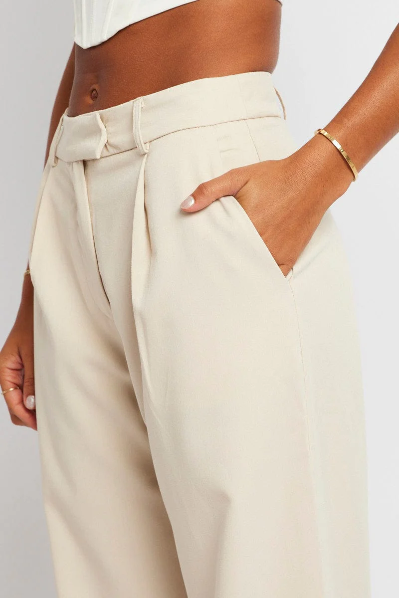 Beige Wide Leg Pants Mid Rise
