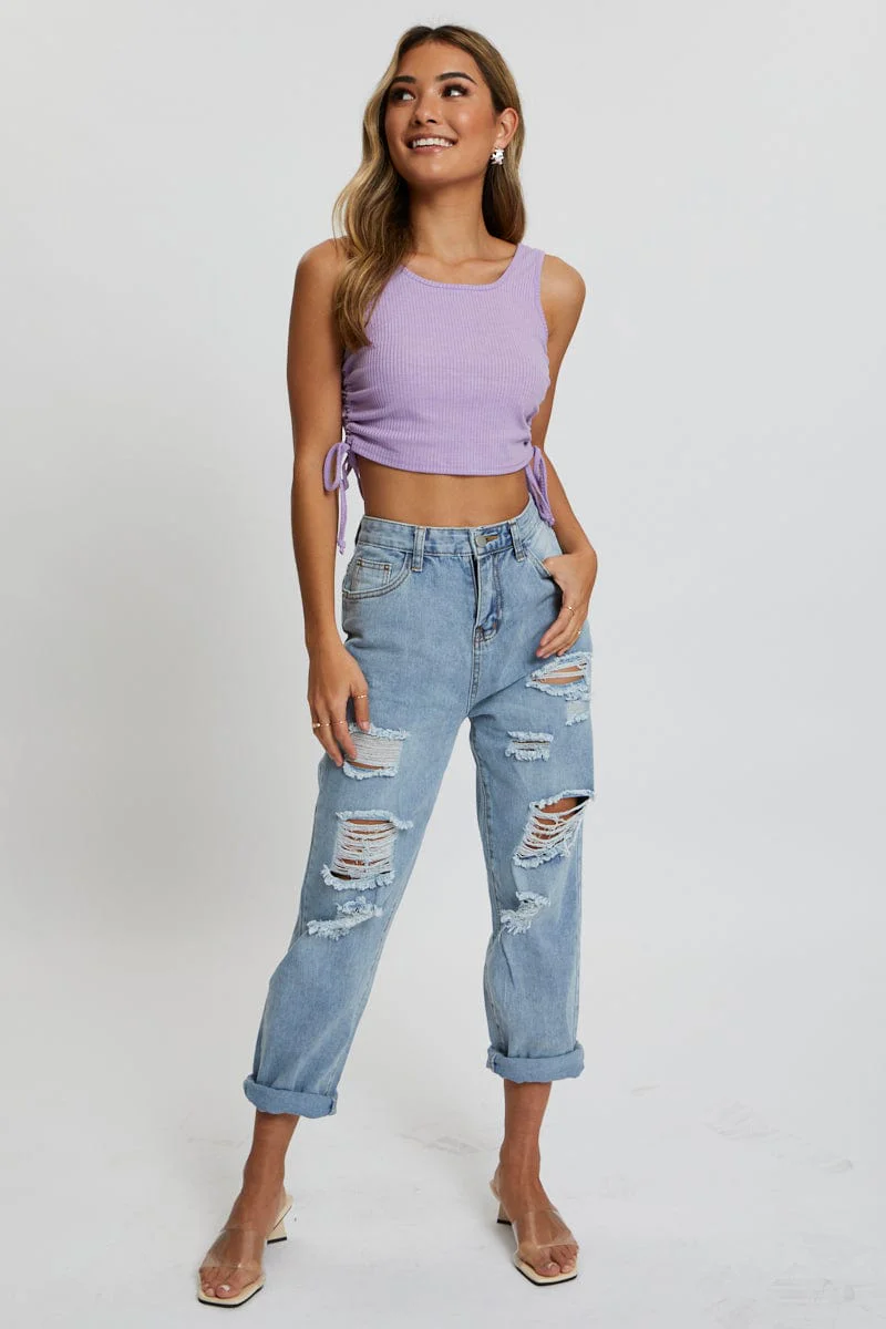 Purple Ruched Drawstring Scoop Neck Top