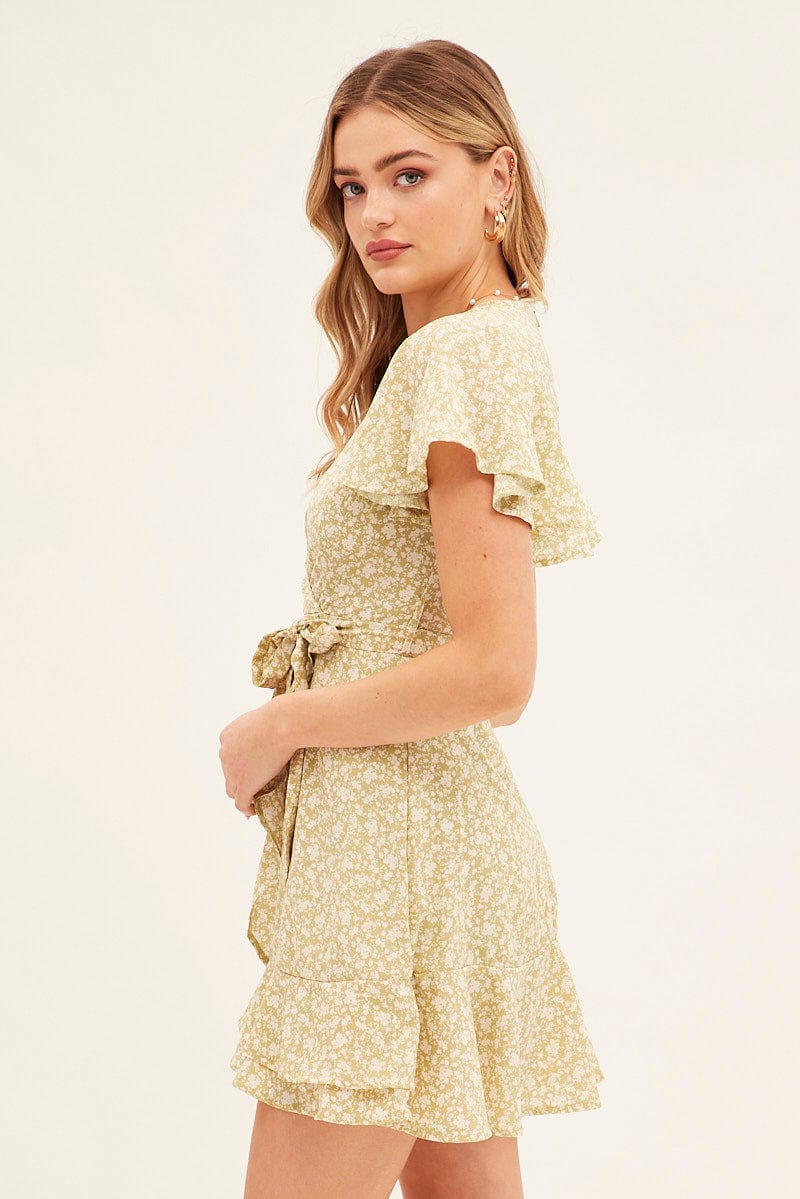Green Floral Wrap Dress Short Sleeve Mini Fit And Flare