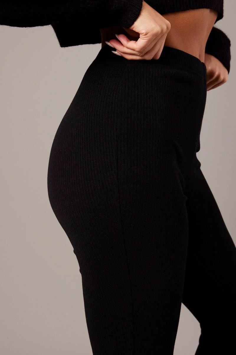 Black Flare Leg Pants Rib