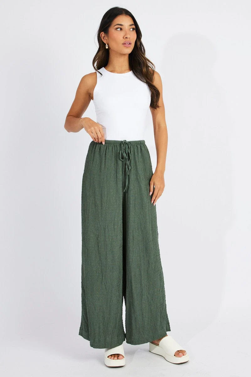 Green Wide Leg Pants High Rise Textured Fabric