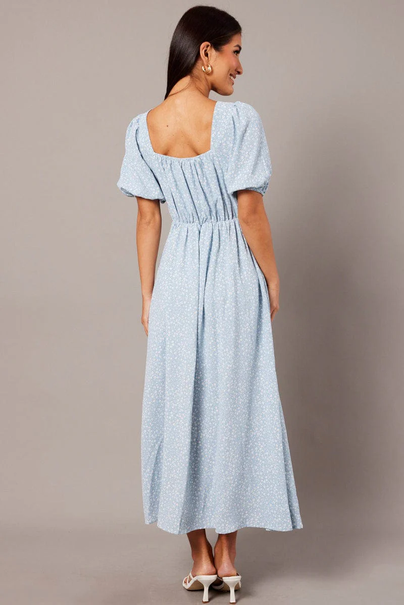 Blue Ditsy Midi Dress Short Sleeve Ruched Bust