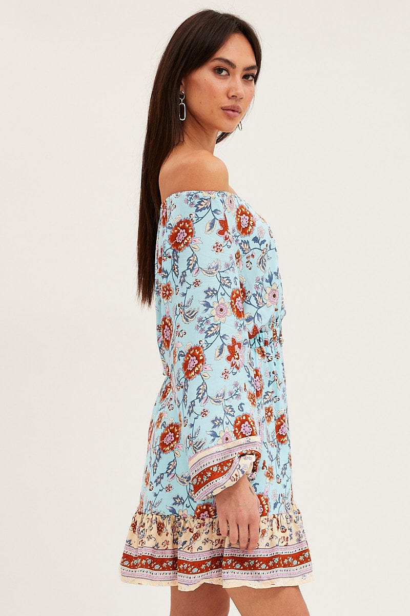 Boho Print Skater Dress Long Sleeve Mini