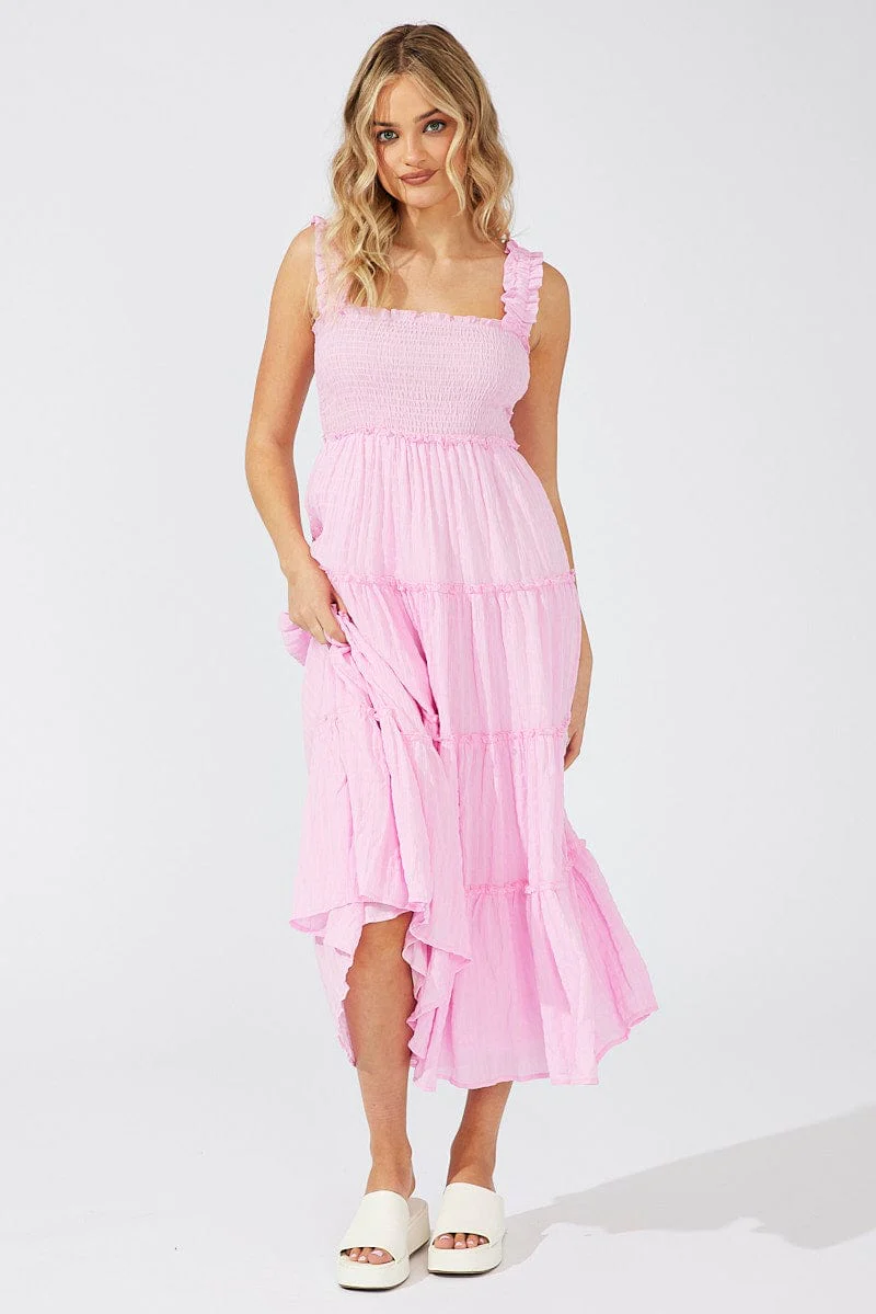 Pink Maxi Dress Shirred Bust Tiered