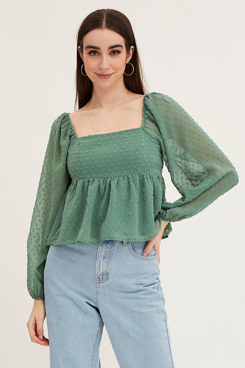 Green Puff Sleeve Peplum Top