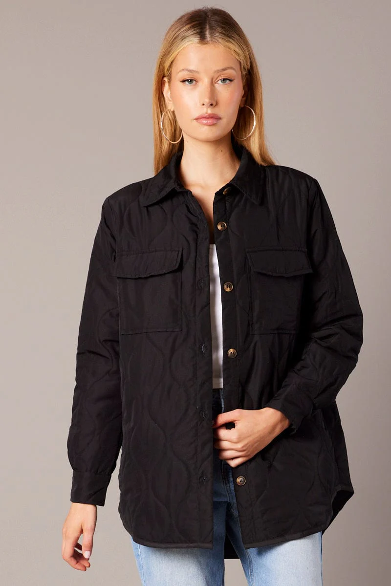 Black Jacket Puffer Collared Long Sleeve