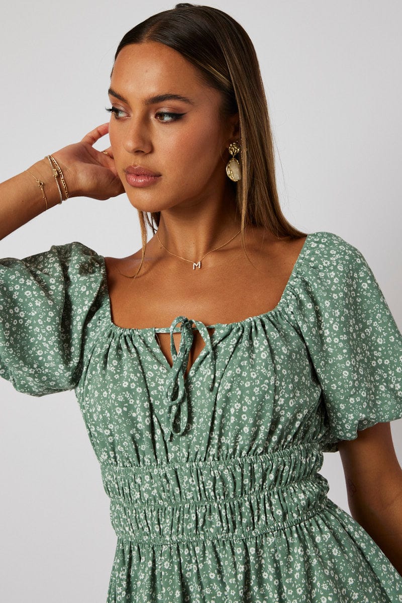 Green Ditsy Fit And Flare Dress Puff Sleeve Mini