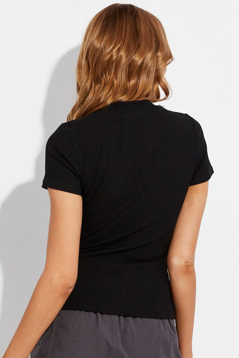 Black Top Short Sleeve Mock Neck Keyhole Longline Rib