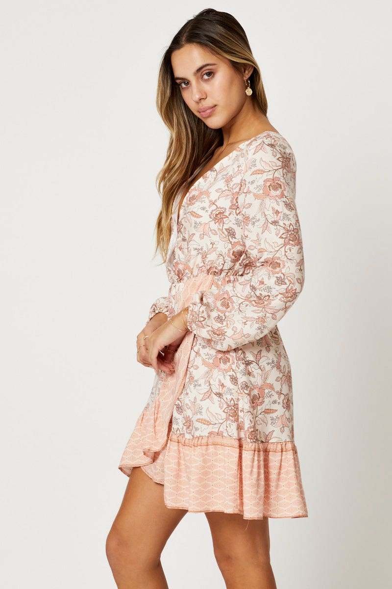 Print Wrap Dress Long Sleeve Mini
