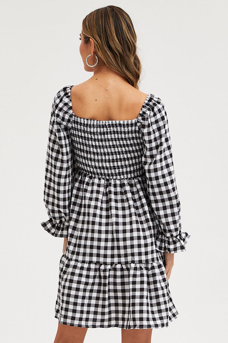 Check Skater Dress Puff Sleeve Mini