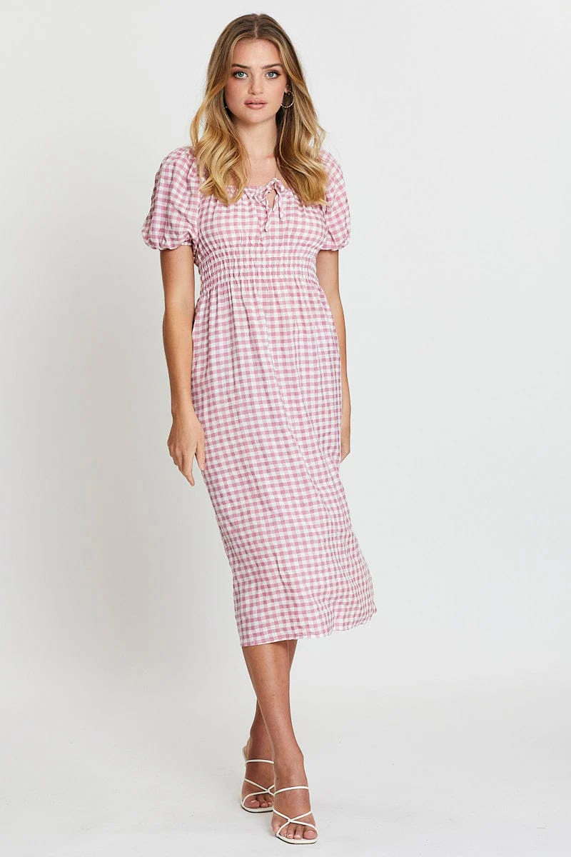 Check Dress Short Sleeve Midi Scoop Neck