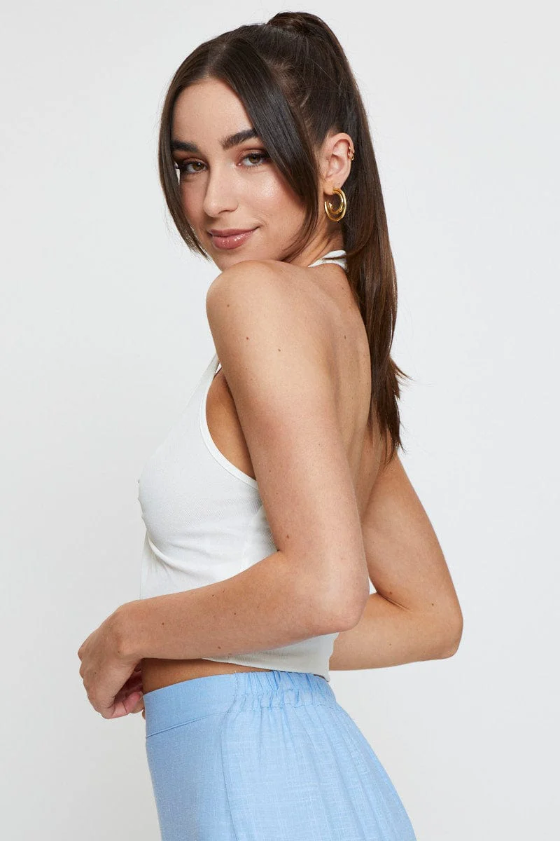 White Ring Detail Top Crop Halter Neck