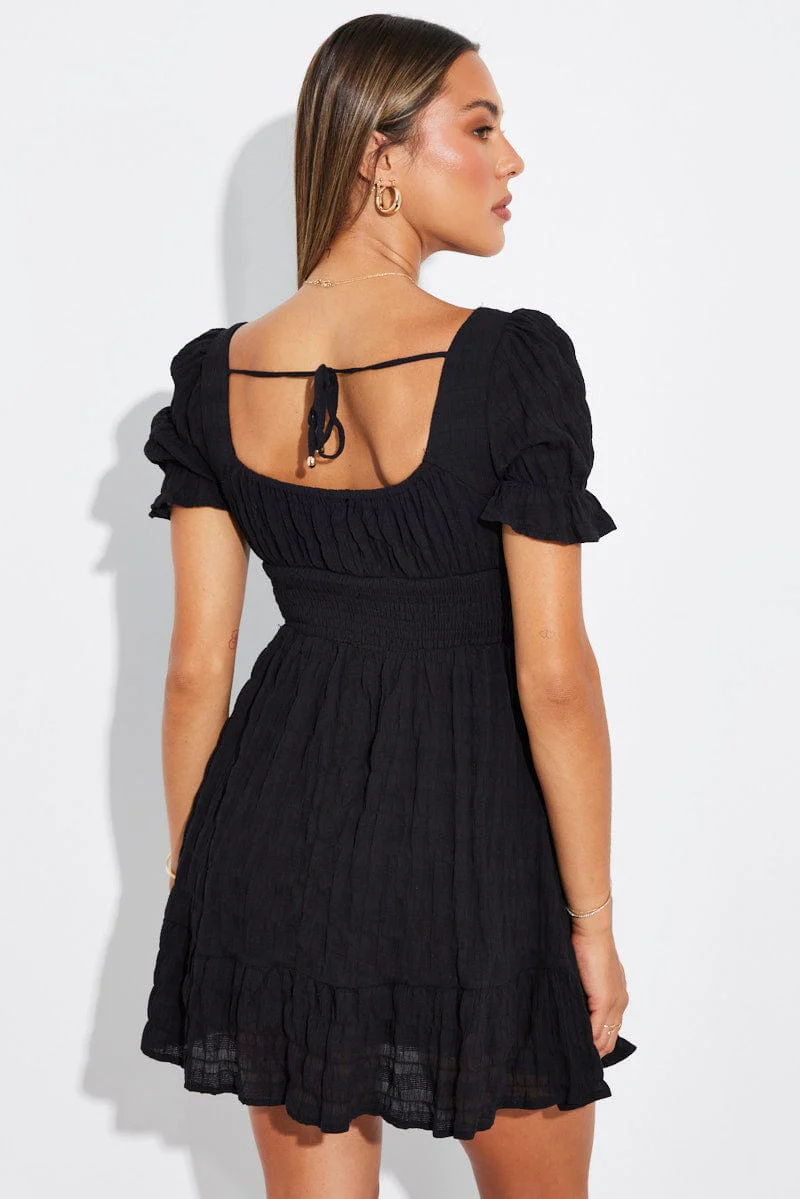 Black Fit And Flare Dress Puff Sleeve