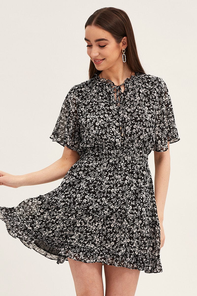 Ditsy Print Flutter Sleeve Tiered Dress