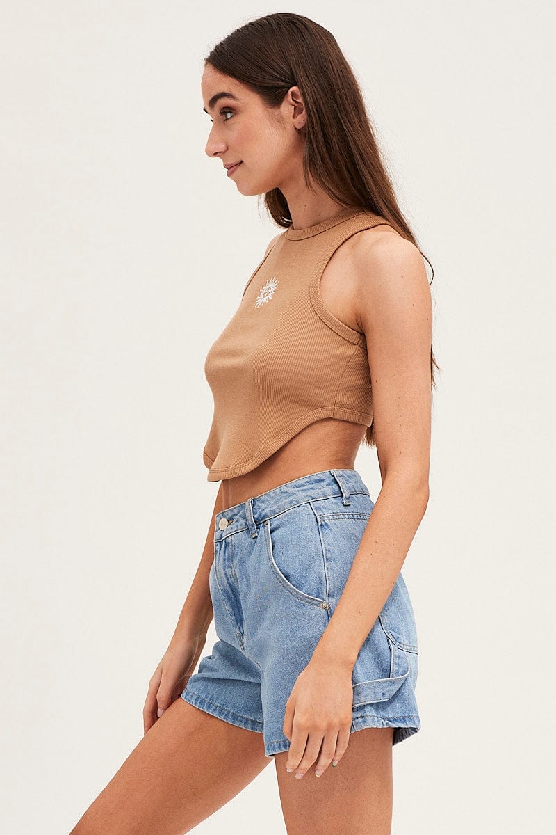 Brown Rib Jersey Embroidered Graphic Curved Hem Tank