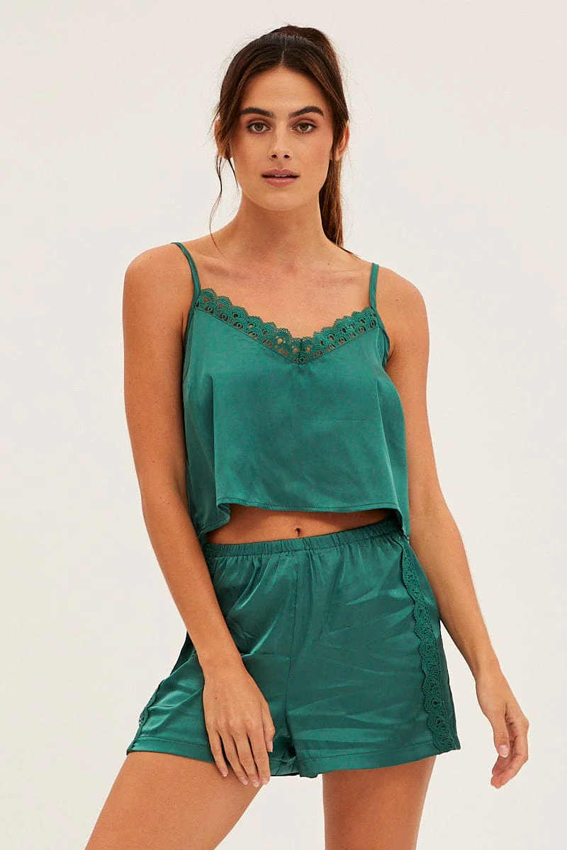 Teal Pyjamas Set Sleeveless Cami Shorts Satin