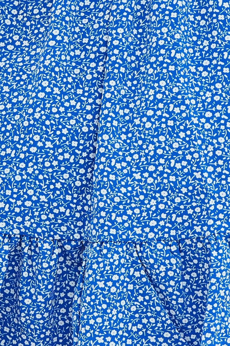 Blue Floral Fit And Flare Dress Short Sleeve Mini