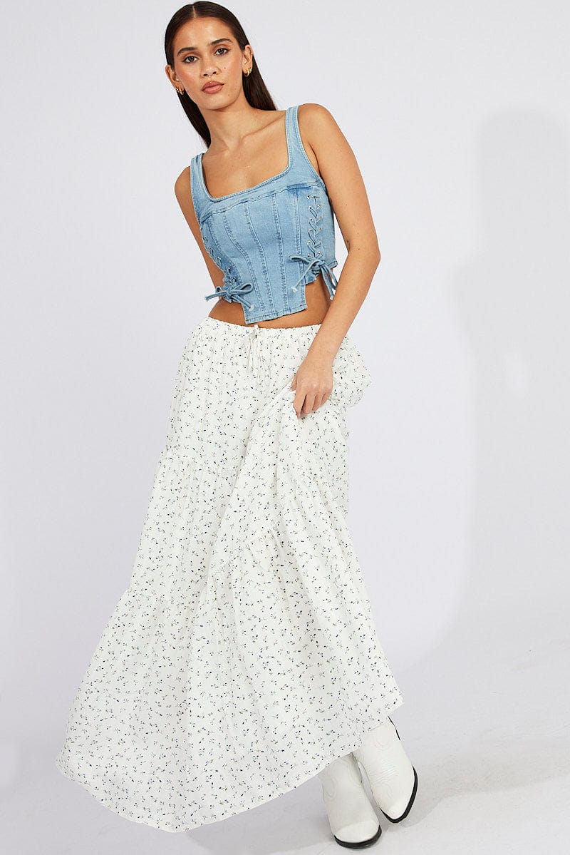 White Ditsy Maxi Skirt Elasticated Waist
