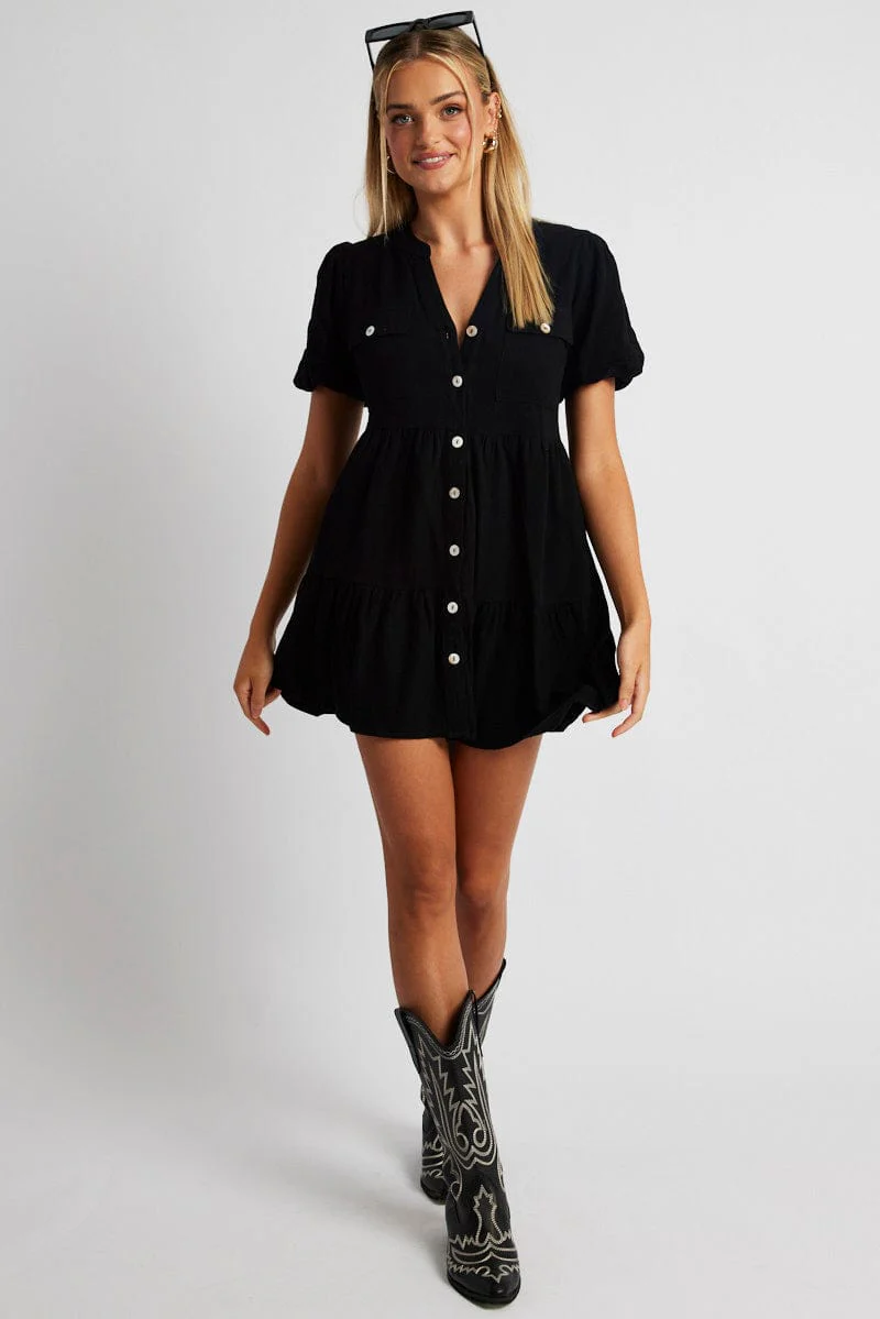 Black Button Through Mini Dress Collar Linen Blend