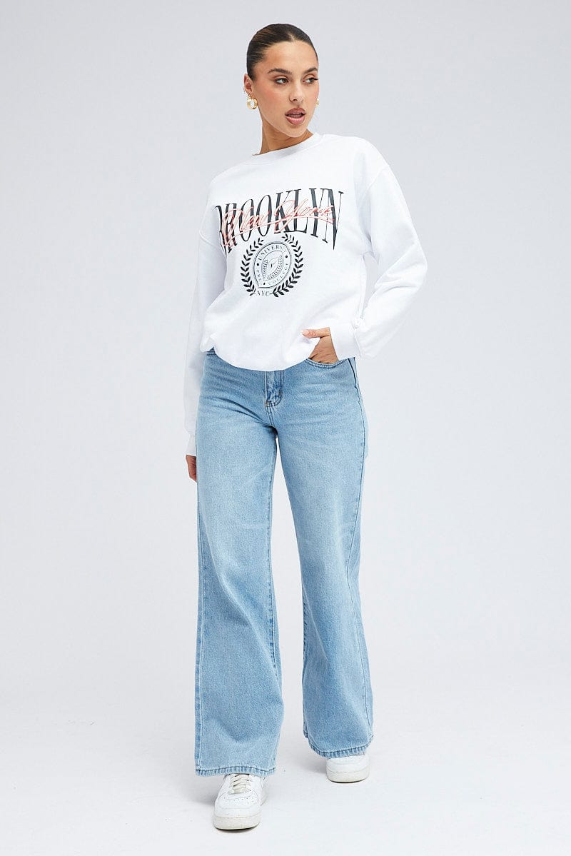White Sweat Shirt Long Sleeve Crew Neck Brooklyn