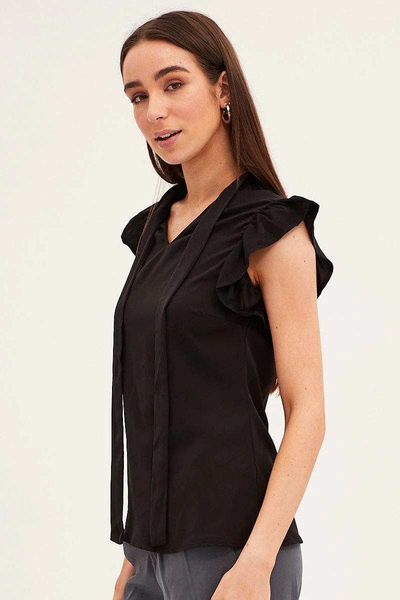 Black Tie Front Ruffle Sleeve Top