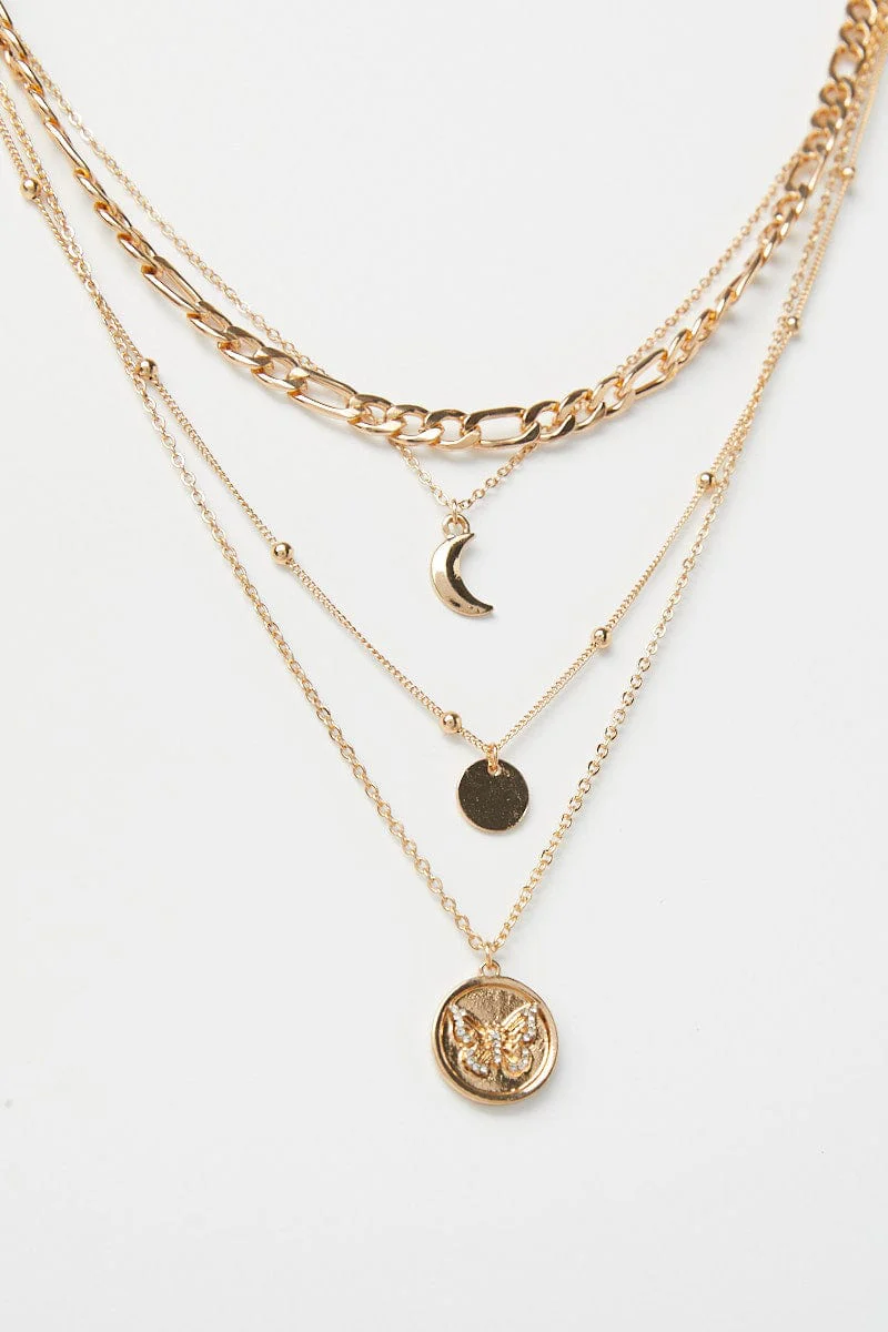 Gold Coin, Moon and Butterfly Layered Necklace