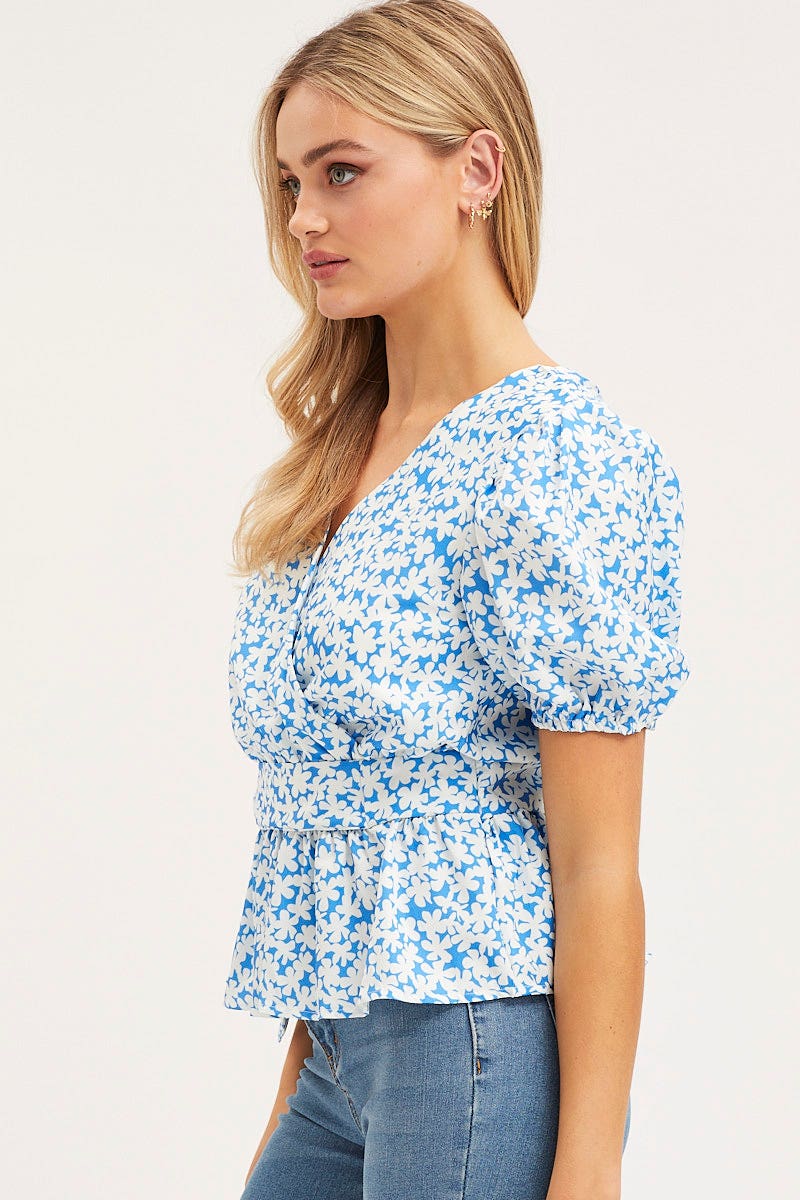 Print Wrap Top Long Sleeve Peplum