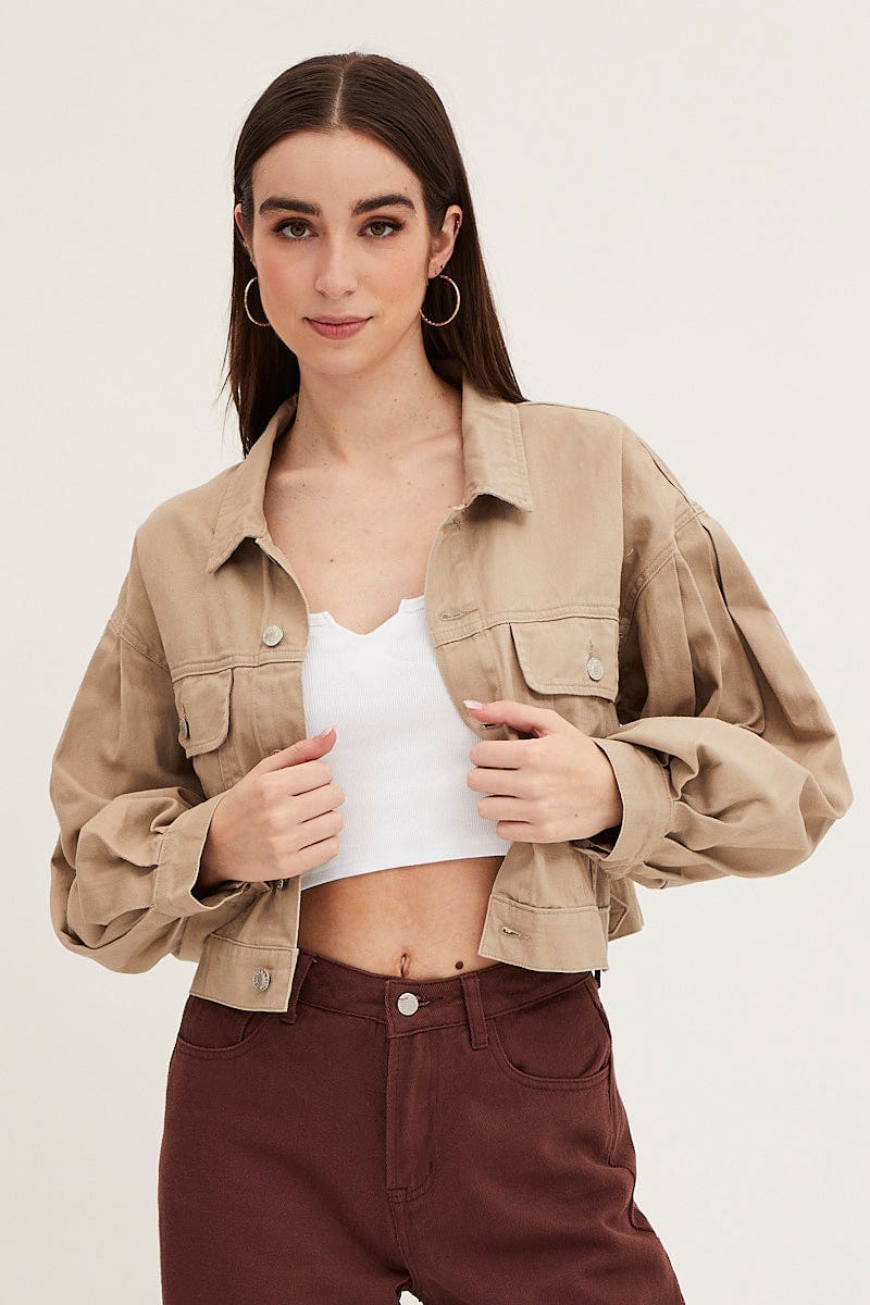 Beige Long Sleeve Cropped Denim Jacket