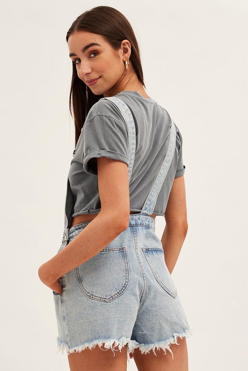 Denim Distressed Denim Short Overalls