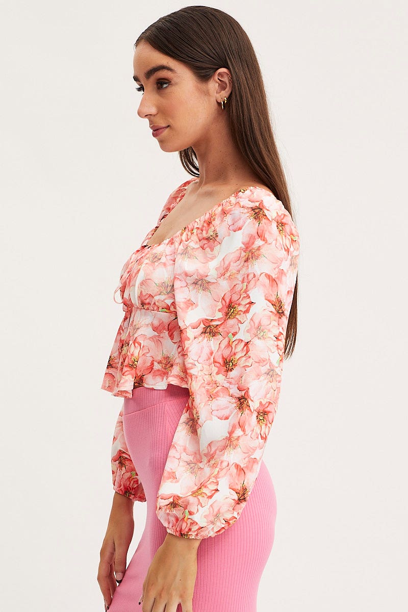 Print Tie Front Top Long Sleeve Crop