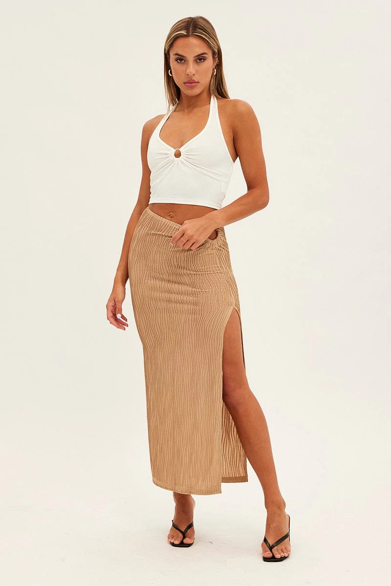 Beige Keyhole Midi Skirt
