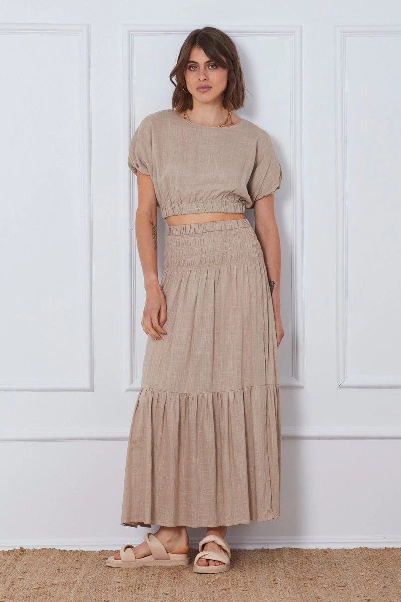 Beige Crop Top Short Sleeve Round Neck Linen