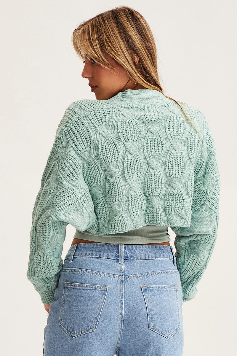 Green Knit Cardigan Long Sleeve V-Neck Cable