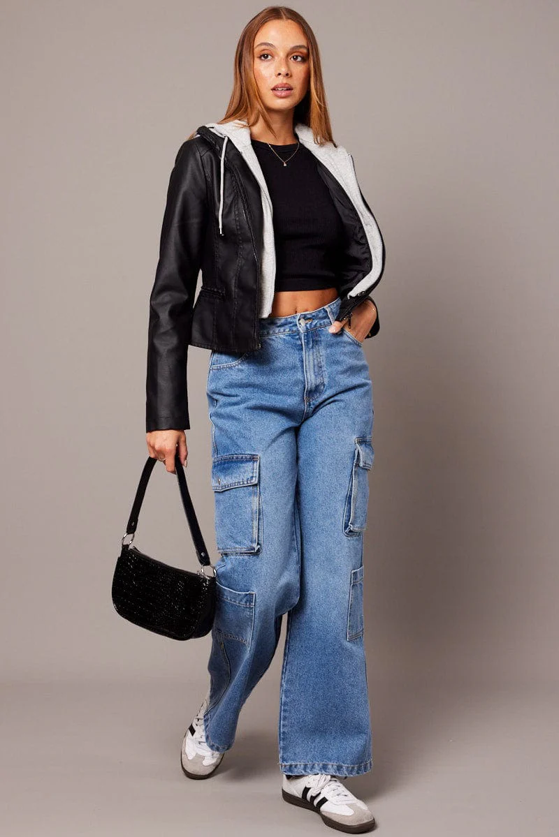 Black Faux Leather Jacket Long Sleeve Hoodie