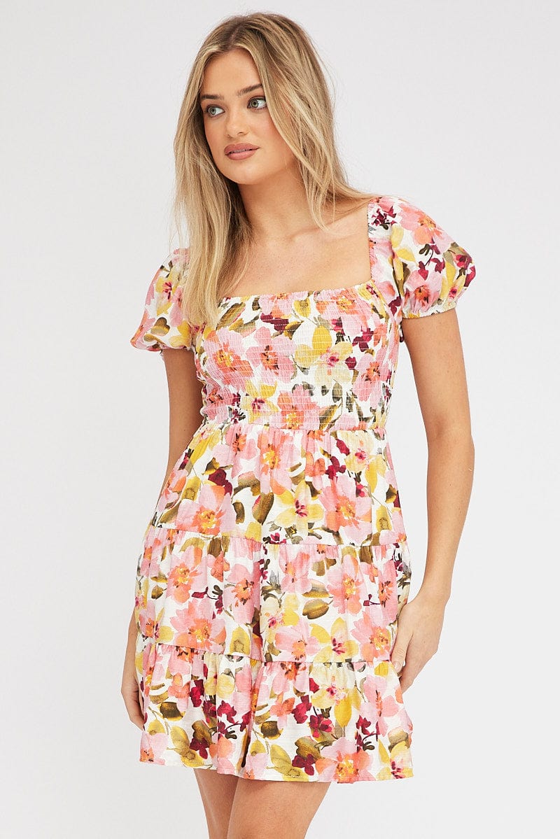 Pink Floral Fit and Flare Dress Short Sleeve Shirred