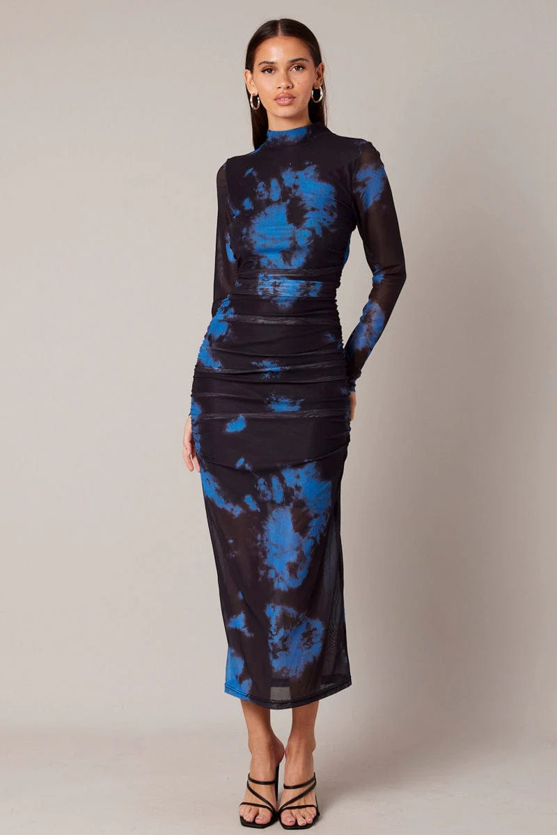 Blue Abstract Bodycon Dress Long Sleeve Mesh