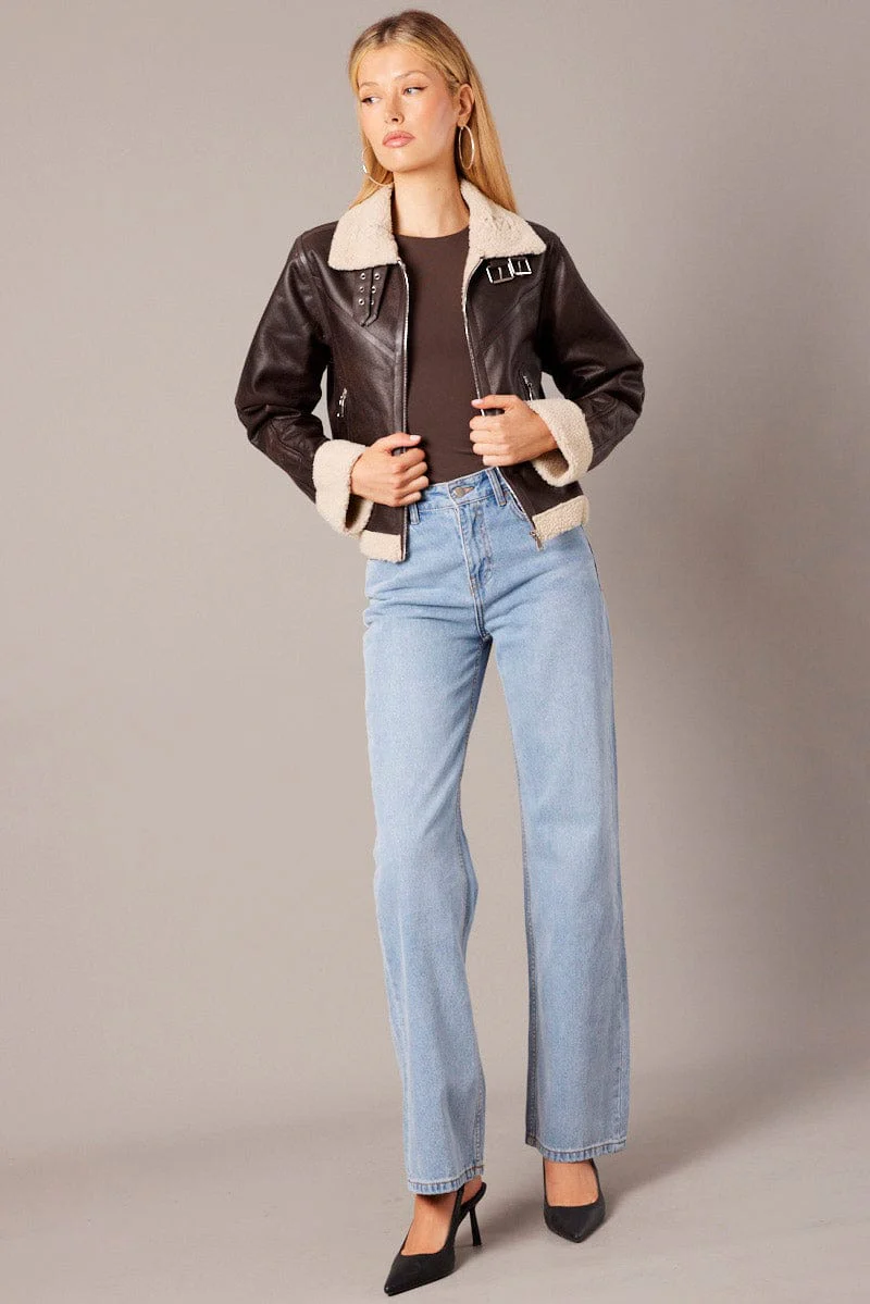 Brown Oversized Jacket Collared Long Sleeve Faux Leather