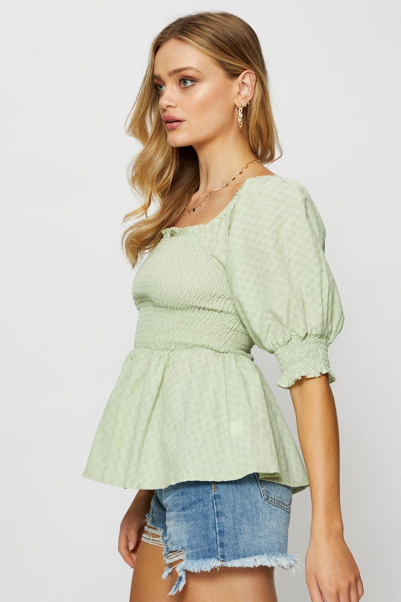 Green Peplum Top Short Sleeve Round Neck