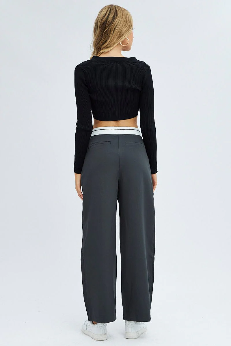 Grey Wide Leg Pants Turn Down Waist Low Rise