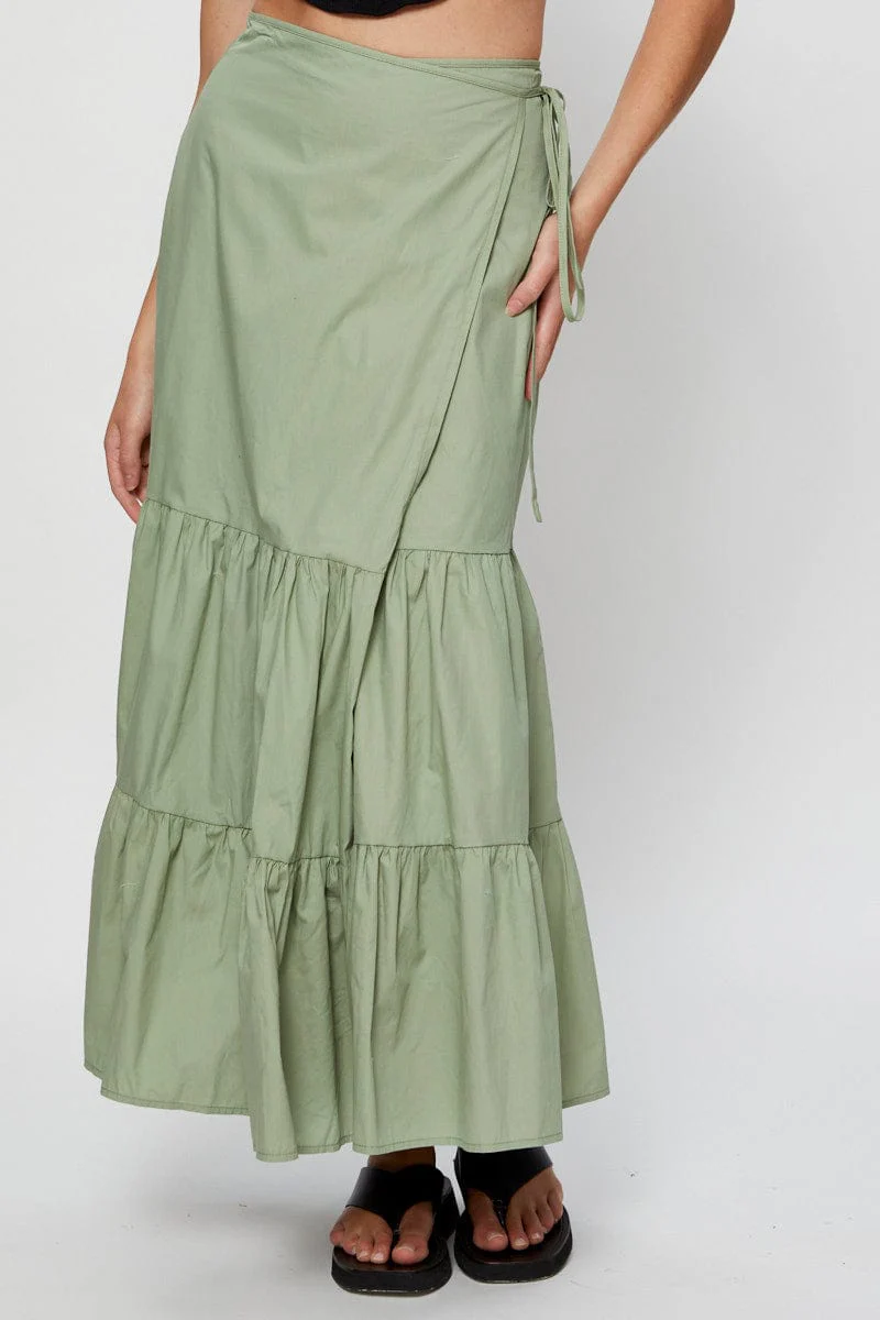Green Wrap Skirt Maxi High Rise